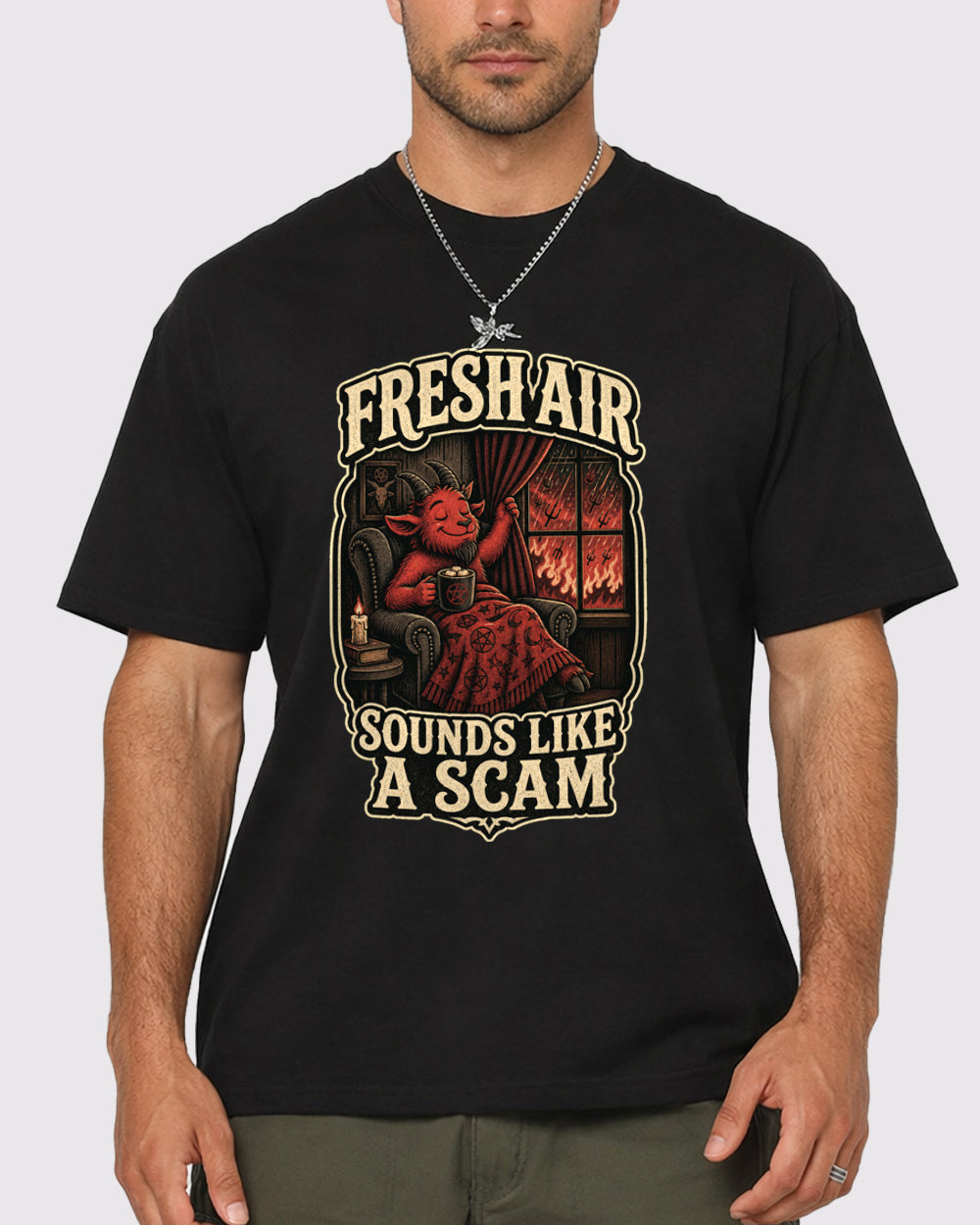 Fresh Air Sounds Like A Scam Retro Graphic T-Shirt, primary front view, image 1