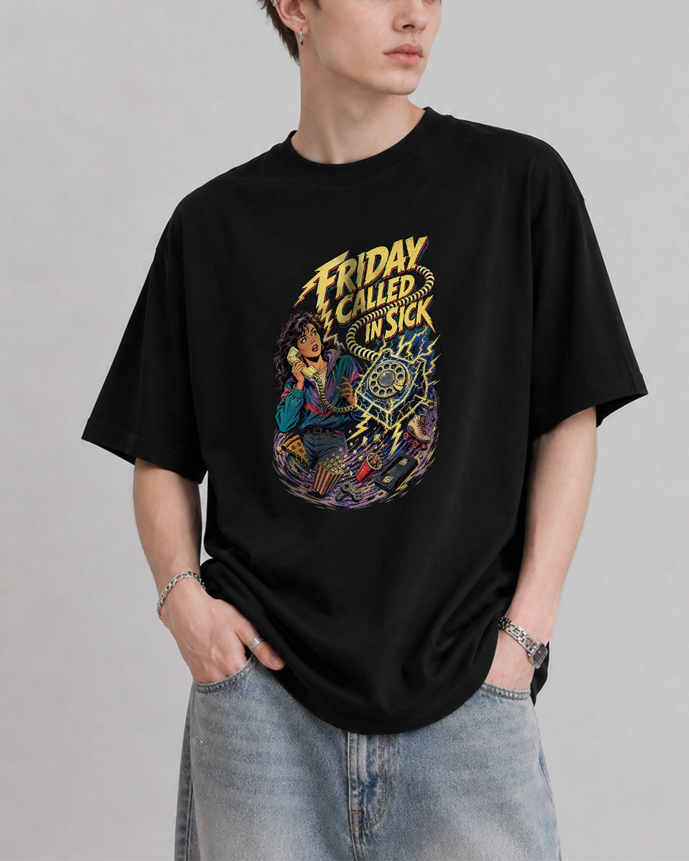 Friday Called In Sick Retro Graphic T-Shirt in Black, front model view 1