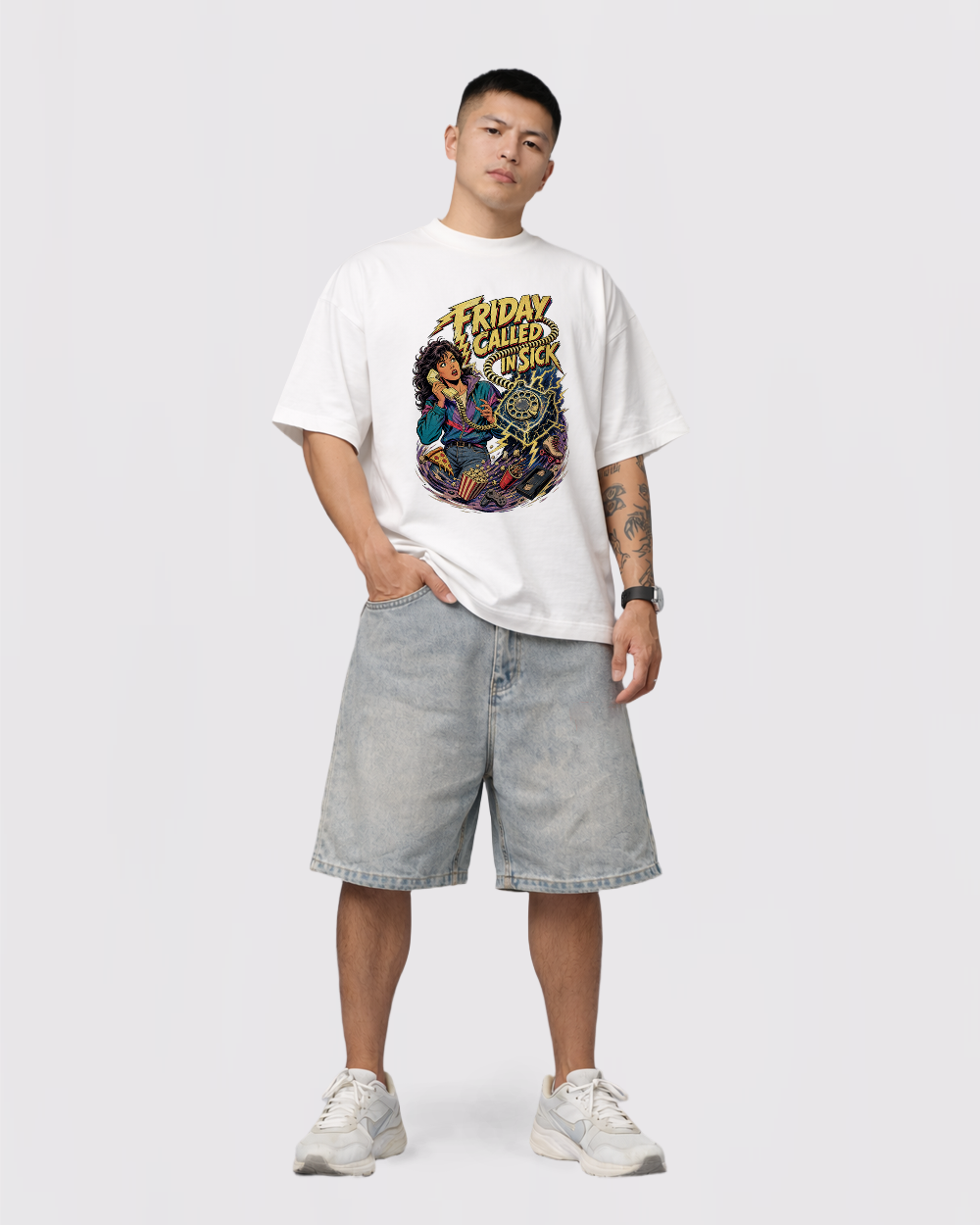 Friday Called In Sick Retro Graphic T-Shirt, full body fit view, image 2