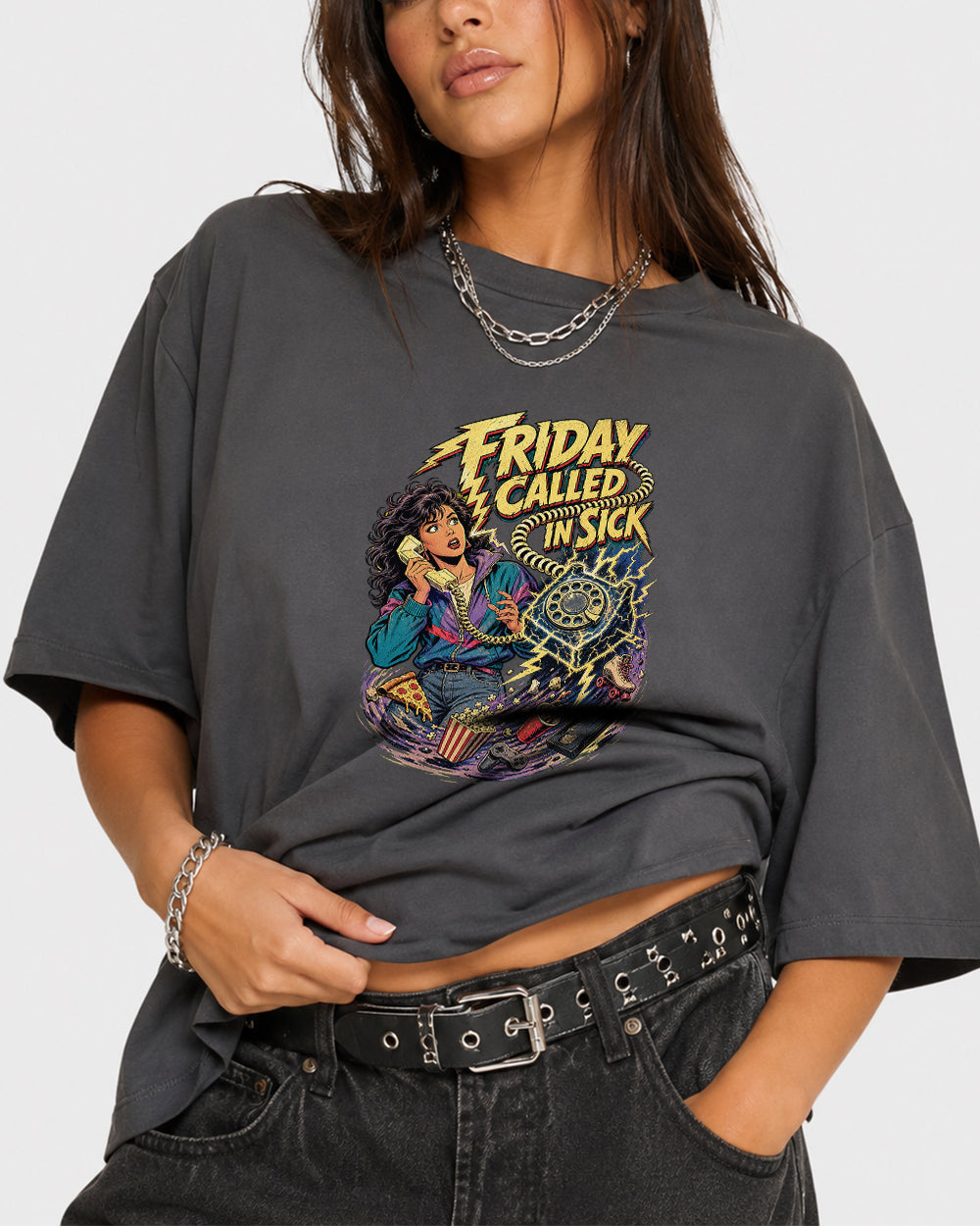 Friday Called In Sick Retro Graphic T-Shirt in Gray, front model view 3