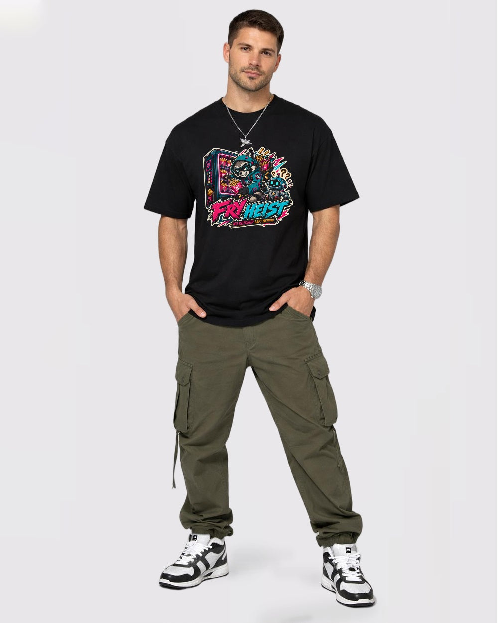 Fry Heist, No Ketchup Left Behind Streetwear Graphic T-Shirt, full body fit view, image 2