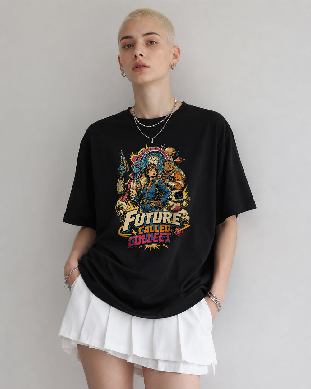 Future Called Collect Retro Graphic T-Shirt in Black, front model view 1