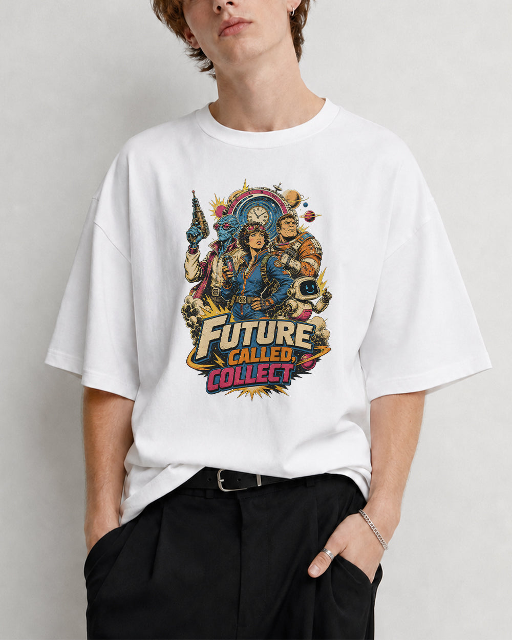 Future Called Collect Retro Graphic T-Shirt in White, front model view 7