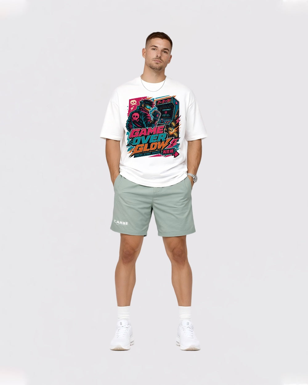 Game Over Glow Streetwear Graphic T-Shirt, full body fit view, image 2