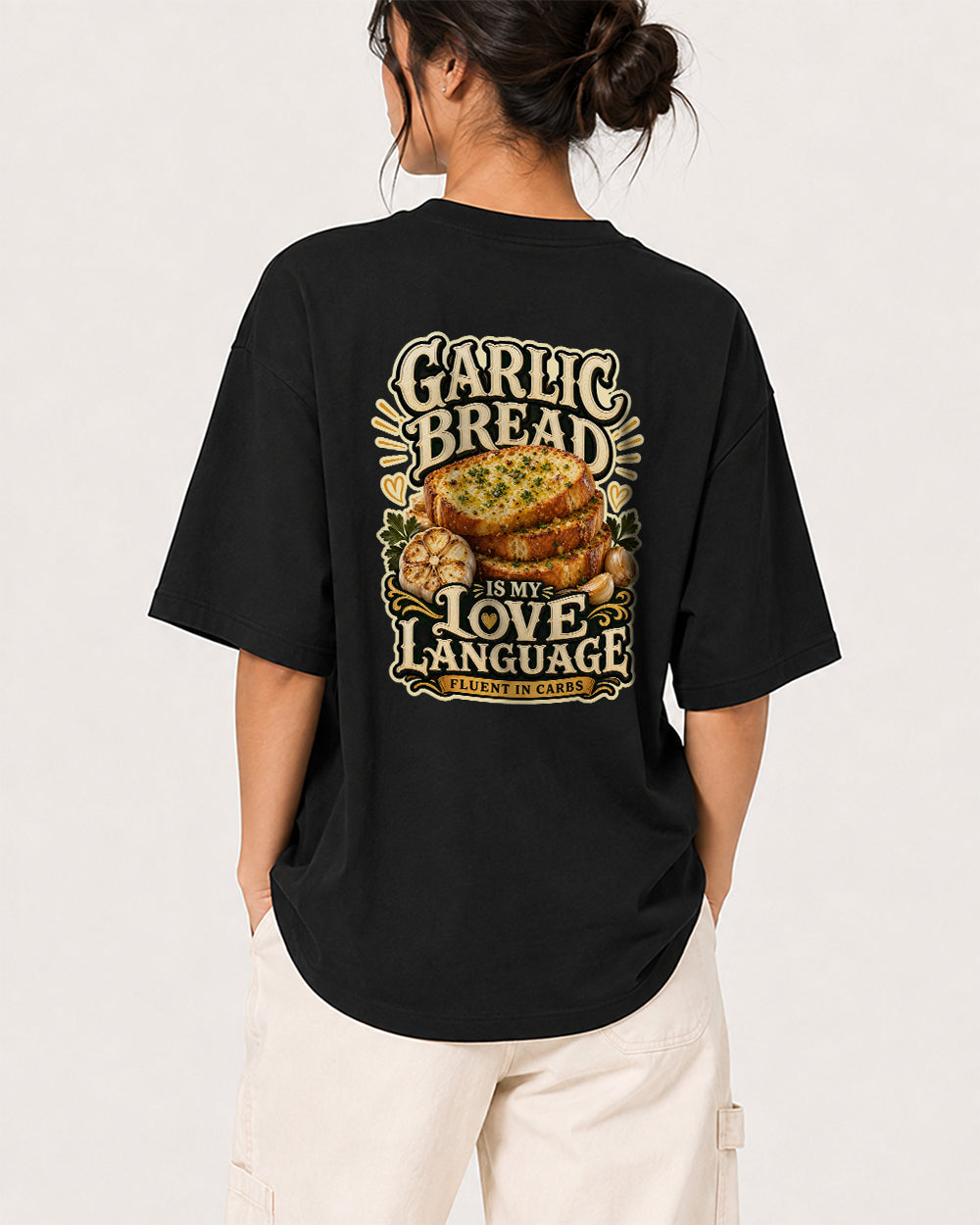 Garlic Bread Is My Love Language Food Graphic T-Shirt in Black, back model view 1