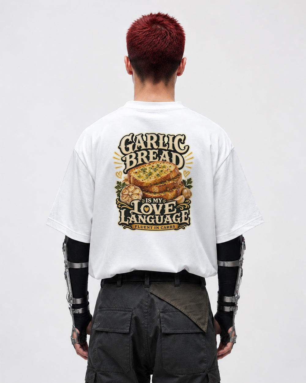 Garlic Bread Is My Love Language Food Graphic T-Shirt in White, back model view 3