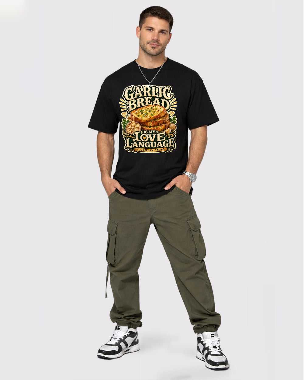 Garlic Bread Love Language Food Graphic T-Shirt, full body fit view, image 2