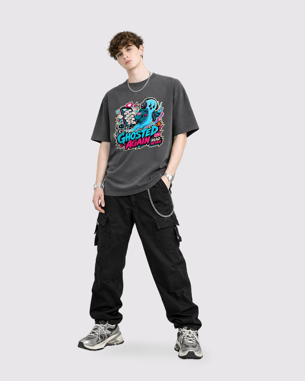 Ghosted Again, Read? Never Streetwear Graphic T-Shirt, full body fit view, image 2
