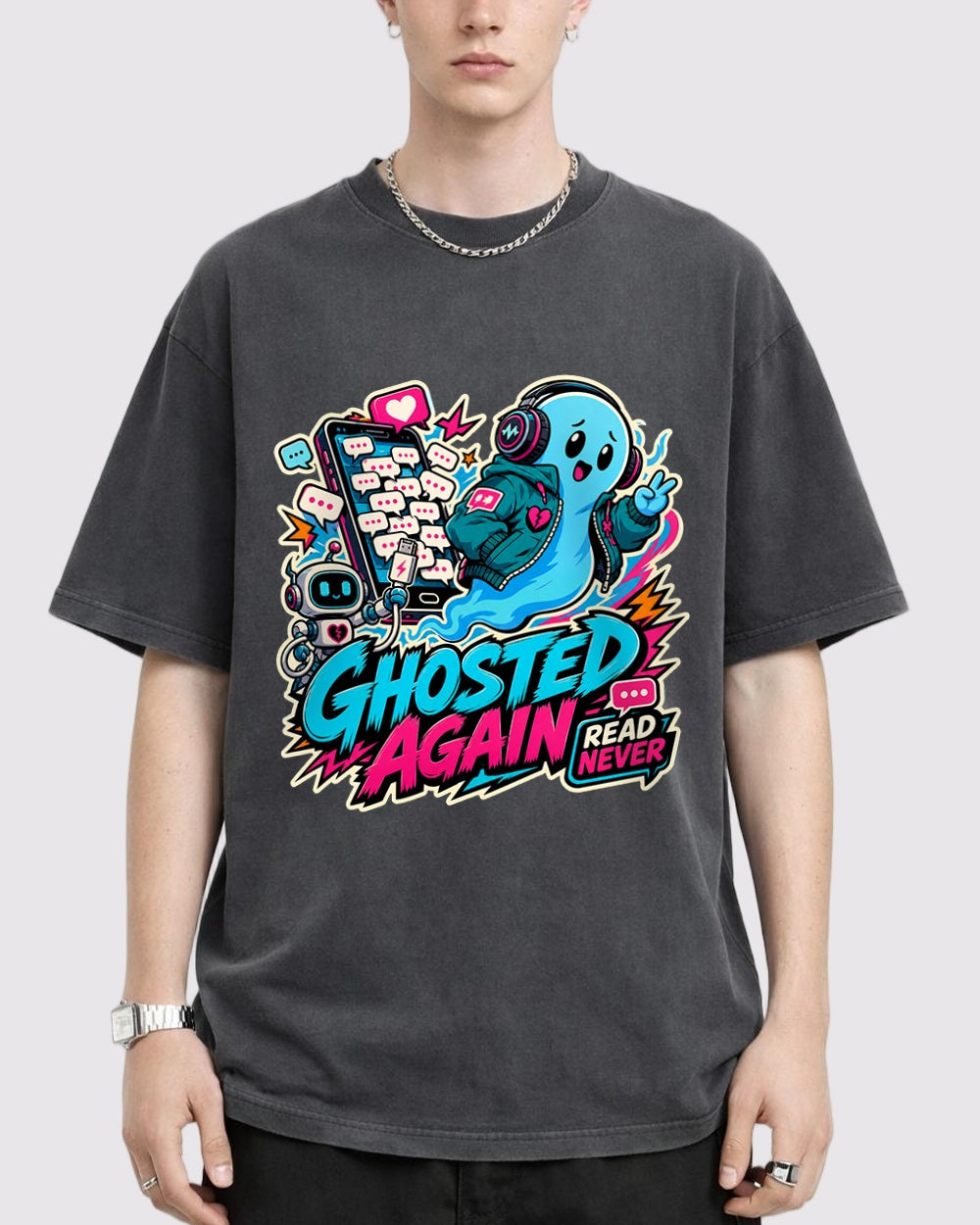 Ghosted Again, Read? Never Streetwear Graphic T-Shirt, primary front view, image 1
