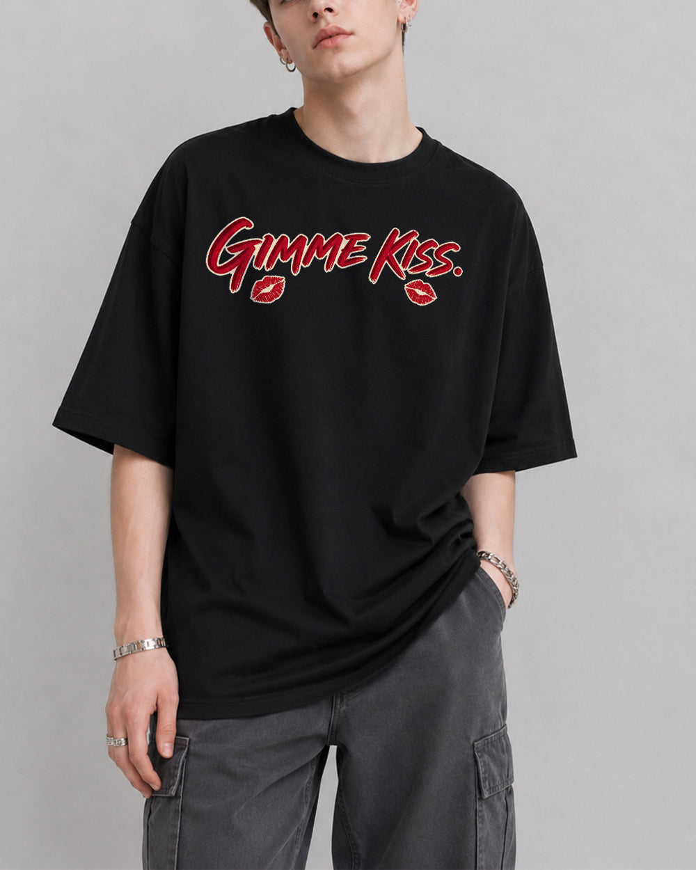 Gimme Kiss Pop Culture Graphic T-Shirt in Black, front model view 1