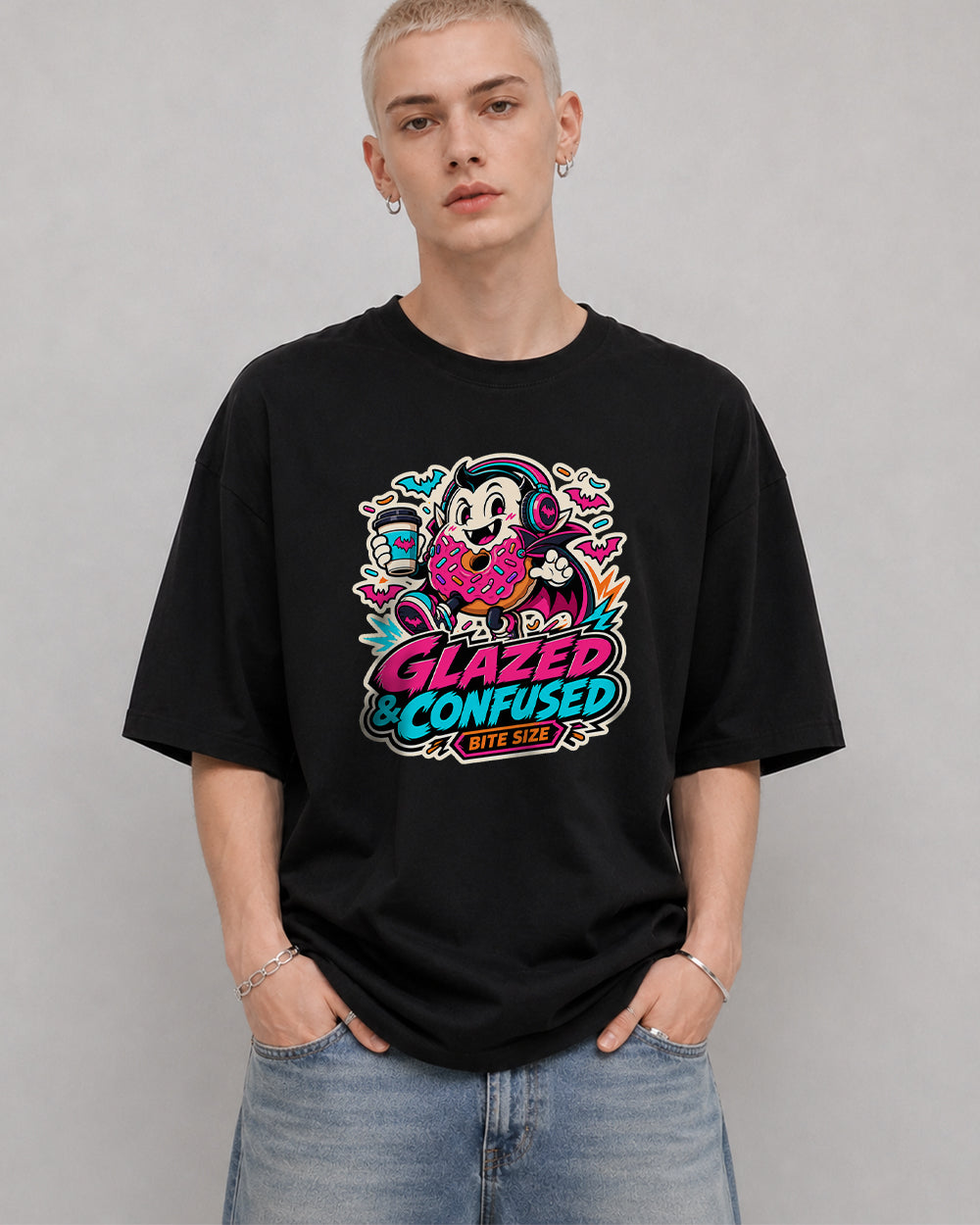 Glazed And Confused, Bite Size Streetwear Graphic T-Shirt in Black, front model view 1