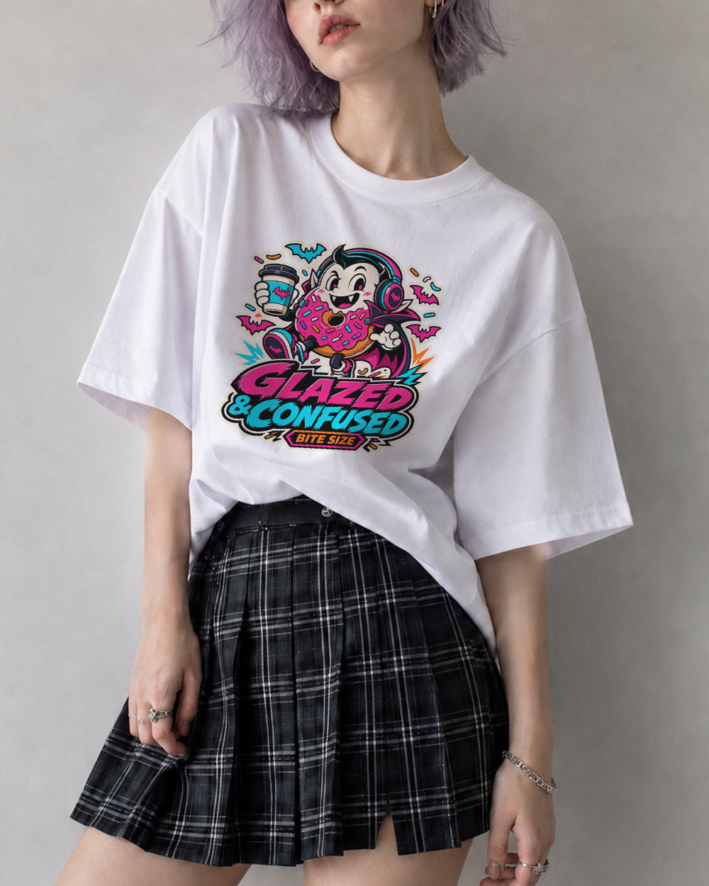 Glazed And Confused, Bite Size Streetwear Graphic T-Shirt in White, front model view 5