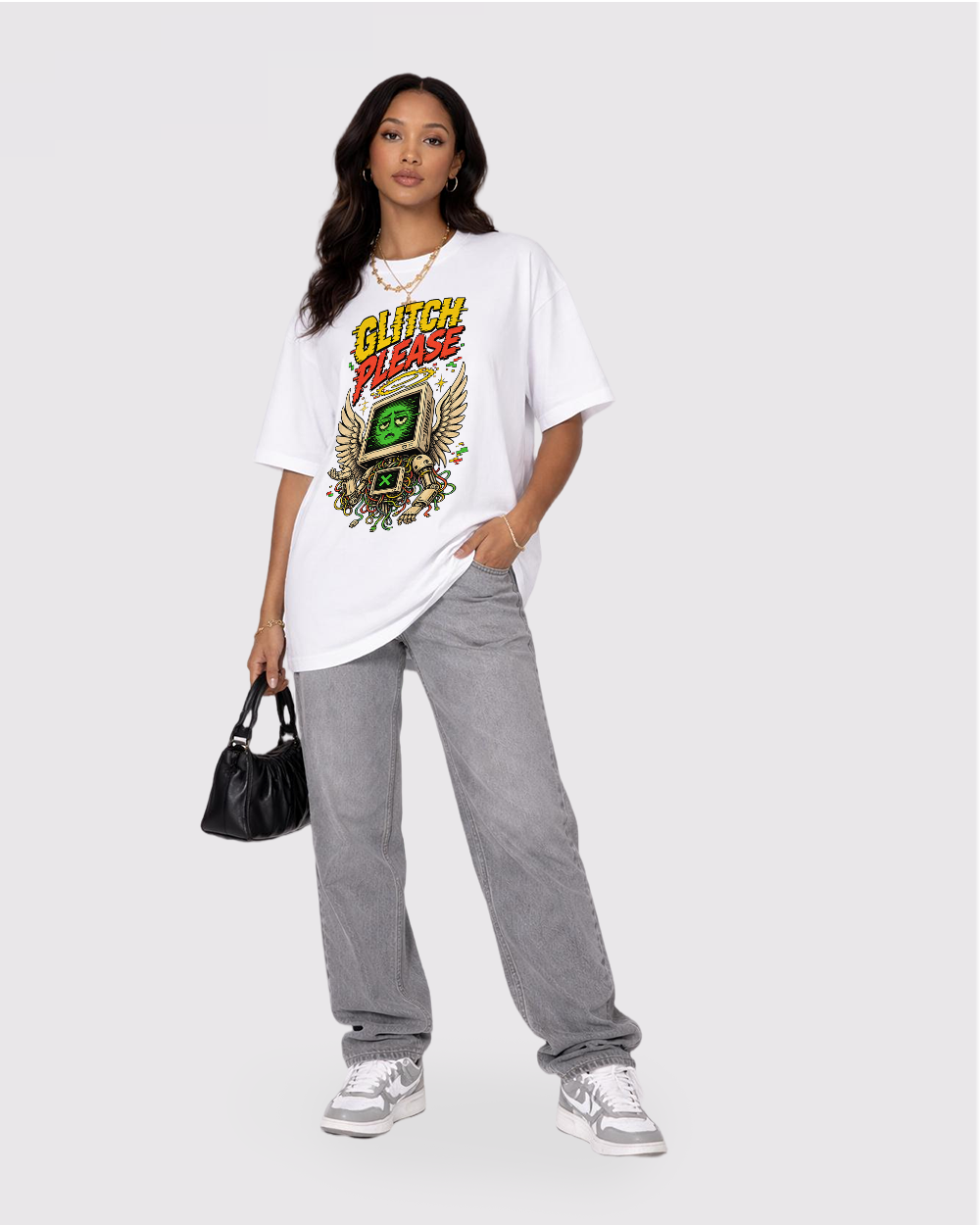 Glitch Please Retro Graphic T-Shirt, full body fit view, image 2