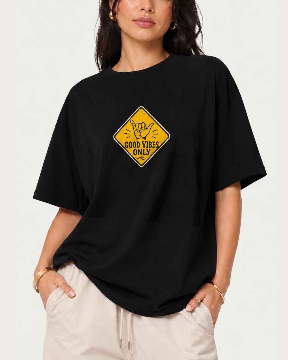 Good Vibes Only Pop Culture Graphic T-Shirt in Black, front model view 1