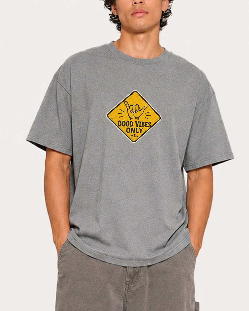 Good Vibes Only Pop Culture Graphic T-Shirt in Gray, front model view 3