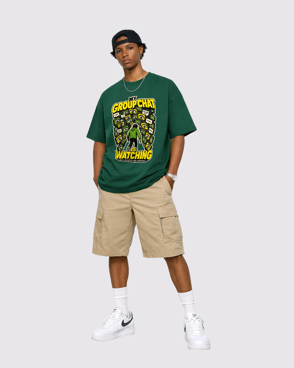 Group Chat Is Watching Funny Graphic T-Shirt, full body fit view, image 2