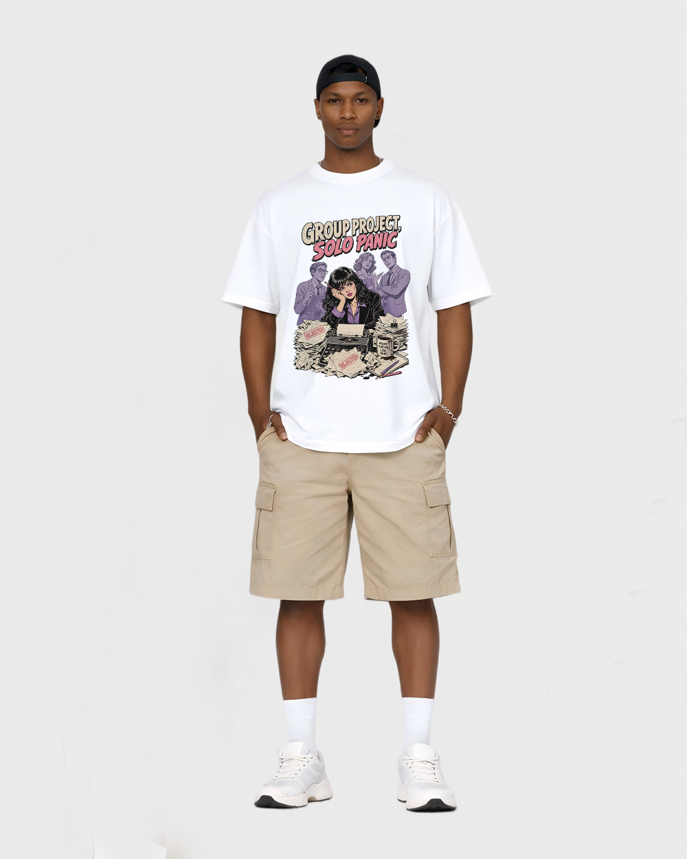 Group Project Solo Panic Retro Graphic T-Shirt, full body fit view, image 2