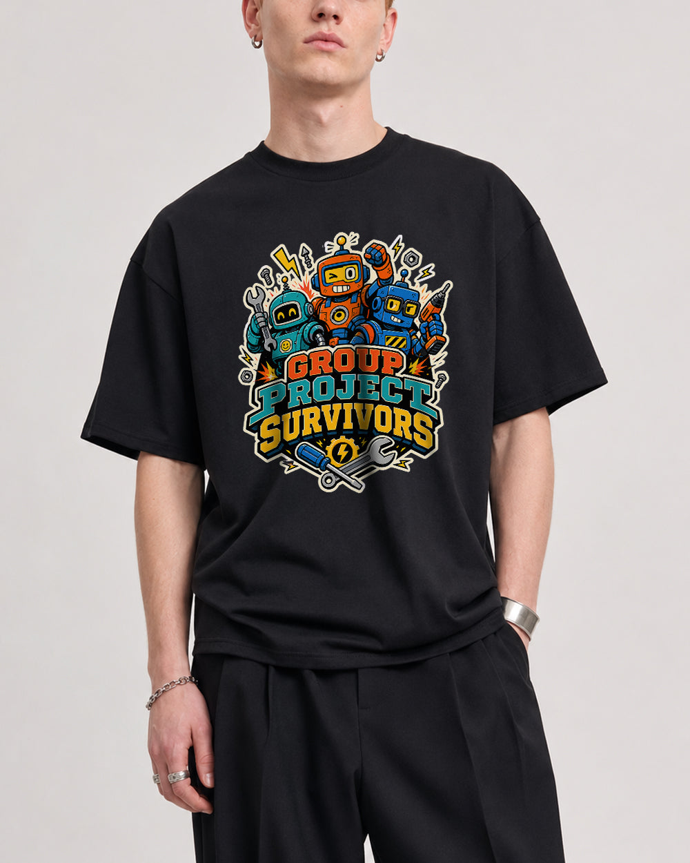 Group Project Survivors Gaming Graphic T-Shirt in Black, front model view 1