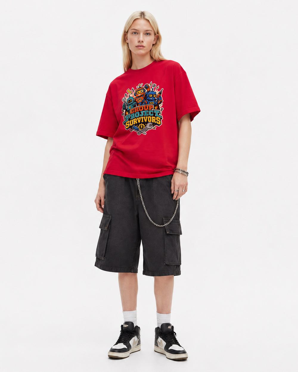 Group Project Survivors Gaming Graphic T-Shirt in Red, front model view 5