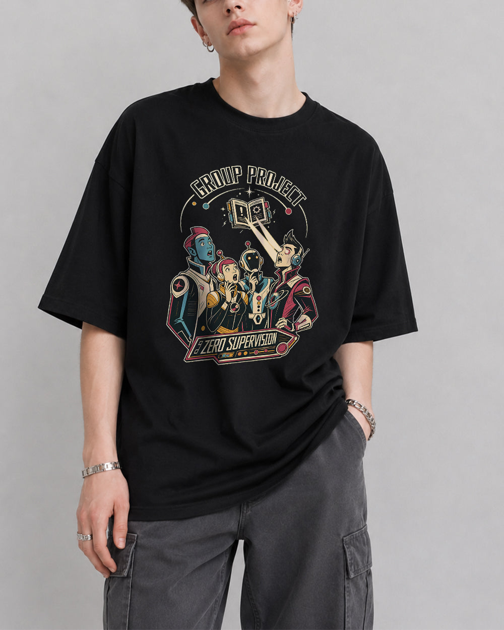 Group Project, Zero Supervision Funny Graphic T-Shirt in Black, front model view 1