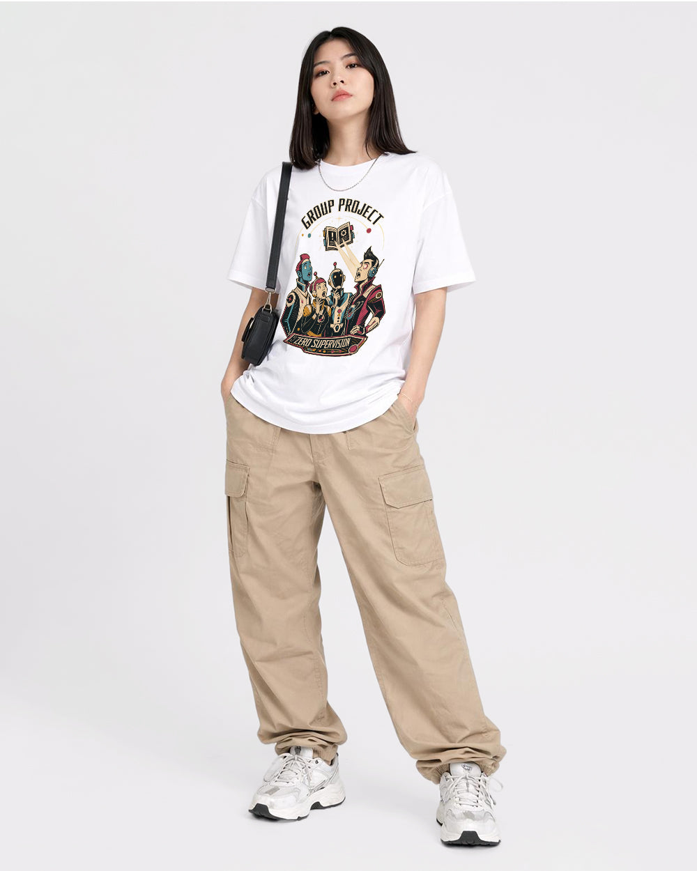 Group Project, Zero Supervision Funny Graphic T-Shirt, full body fit view, image 2