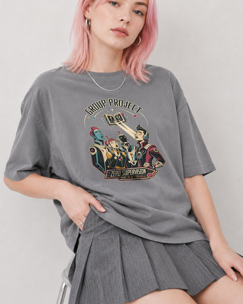 Group Project, Zero Supervision Funny Graphic T-Shirt in Gray, front model view 4