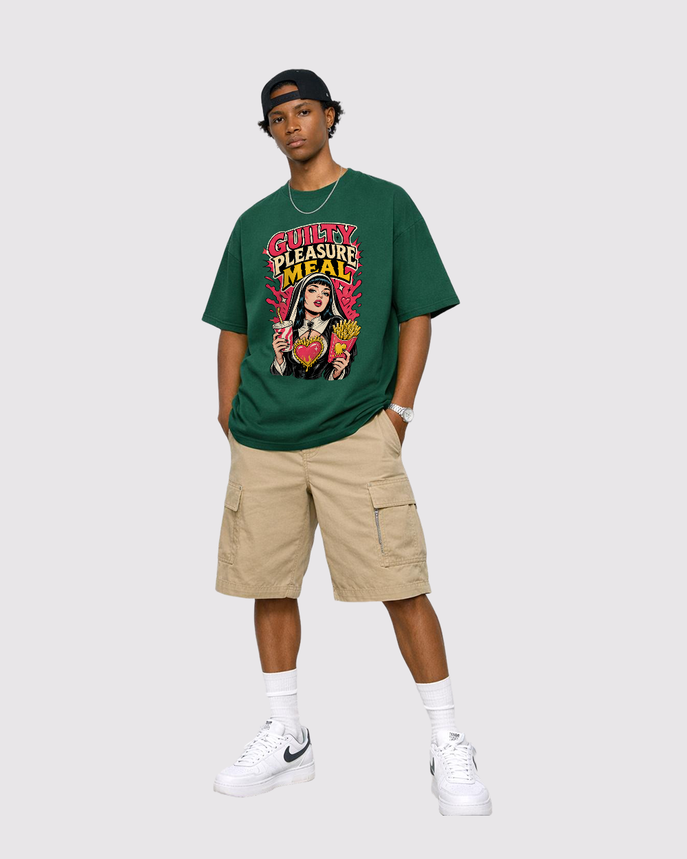 Guilty Pleasure Meal Retro Graphic T-Shirt, full body fit view, image 2