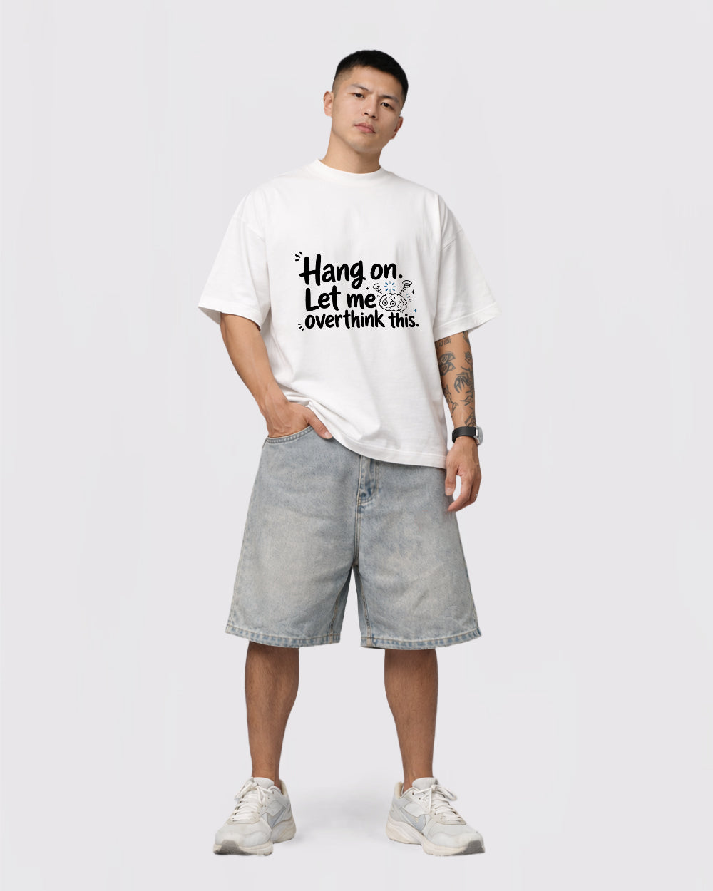 Beige Hang On Let Me Overthink This Graphic T-Shirt full body fit view 2 image