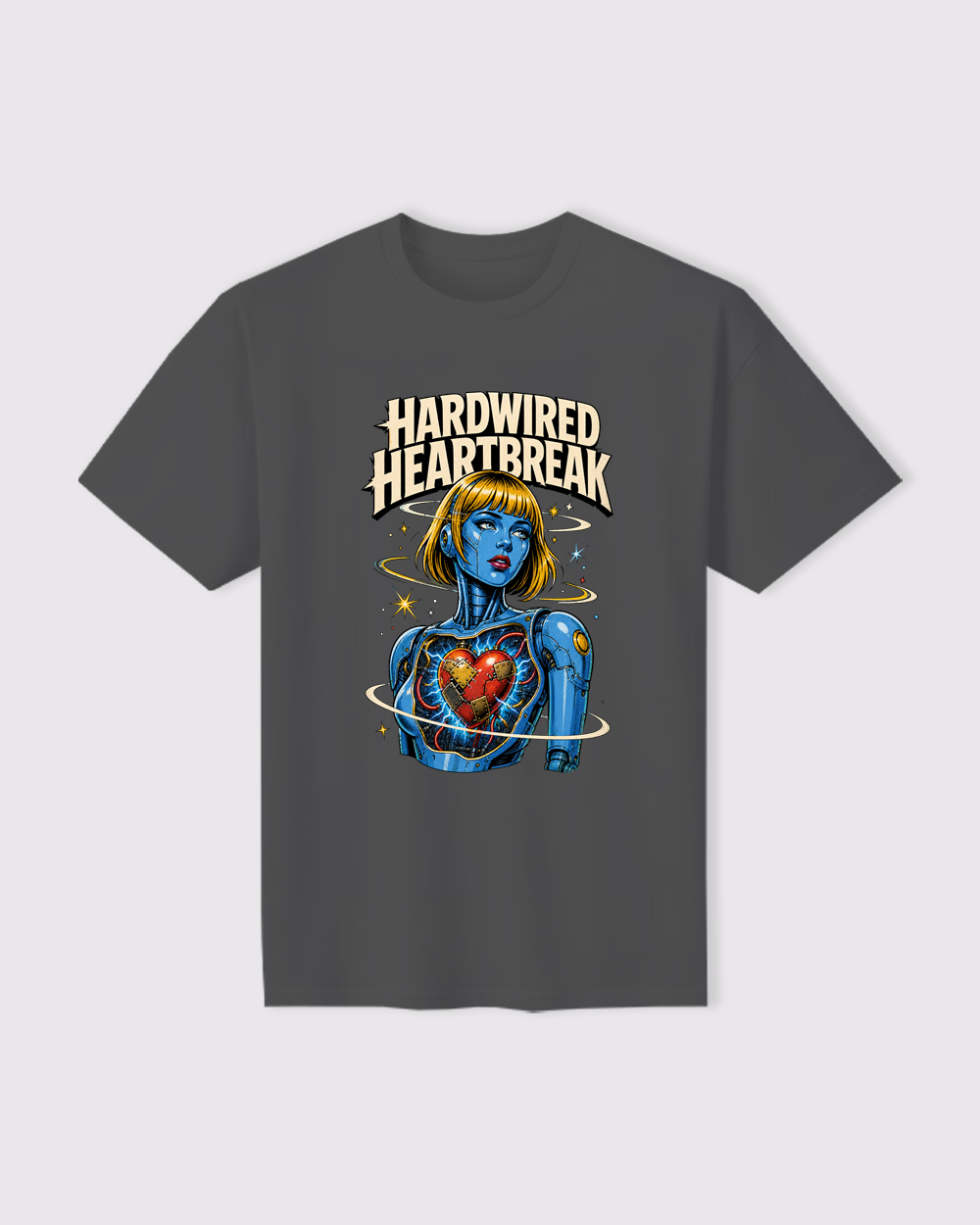Carbon Gray Hard Wired Heartbreak Retro Graphic T-Shirt flat product view, image 11