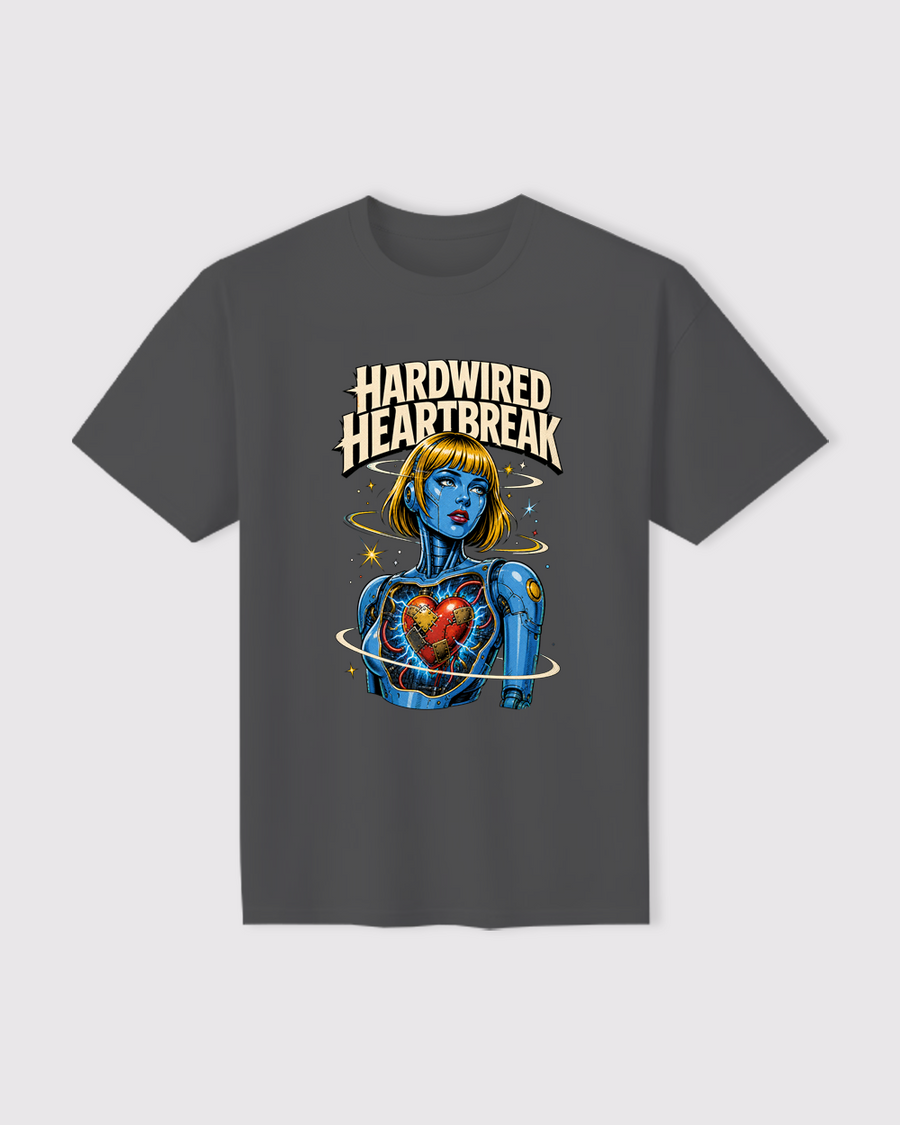 Carbon Gray Hard Wired Heartbreak Retro Graphic T-Shirt flat product view, image 11