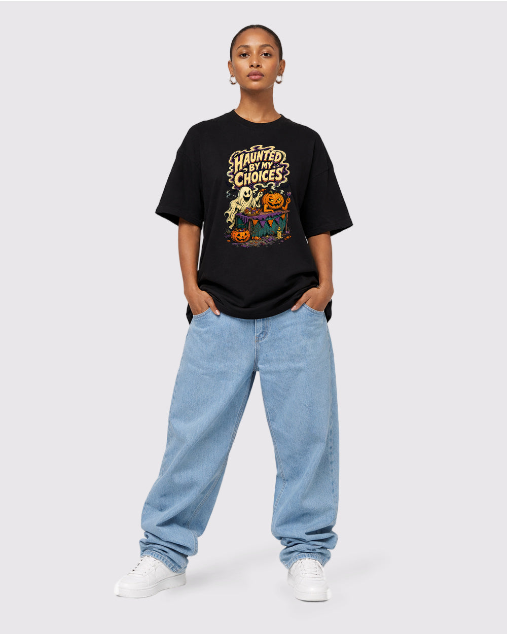 Beige Haunted by My Choices Graphic T-Shirt full body fit view 2 image