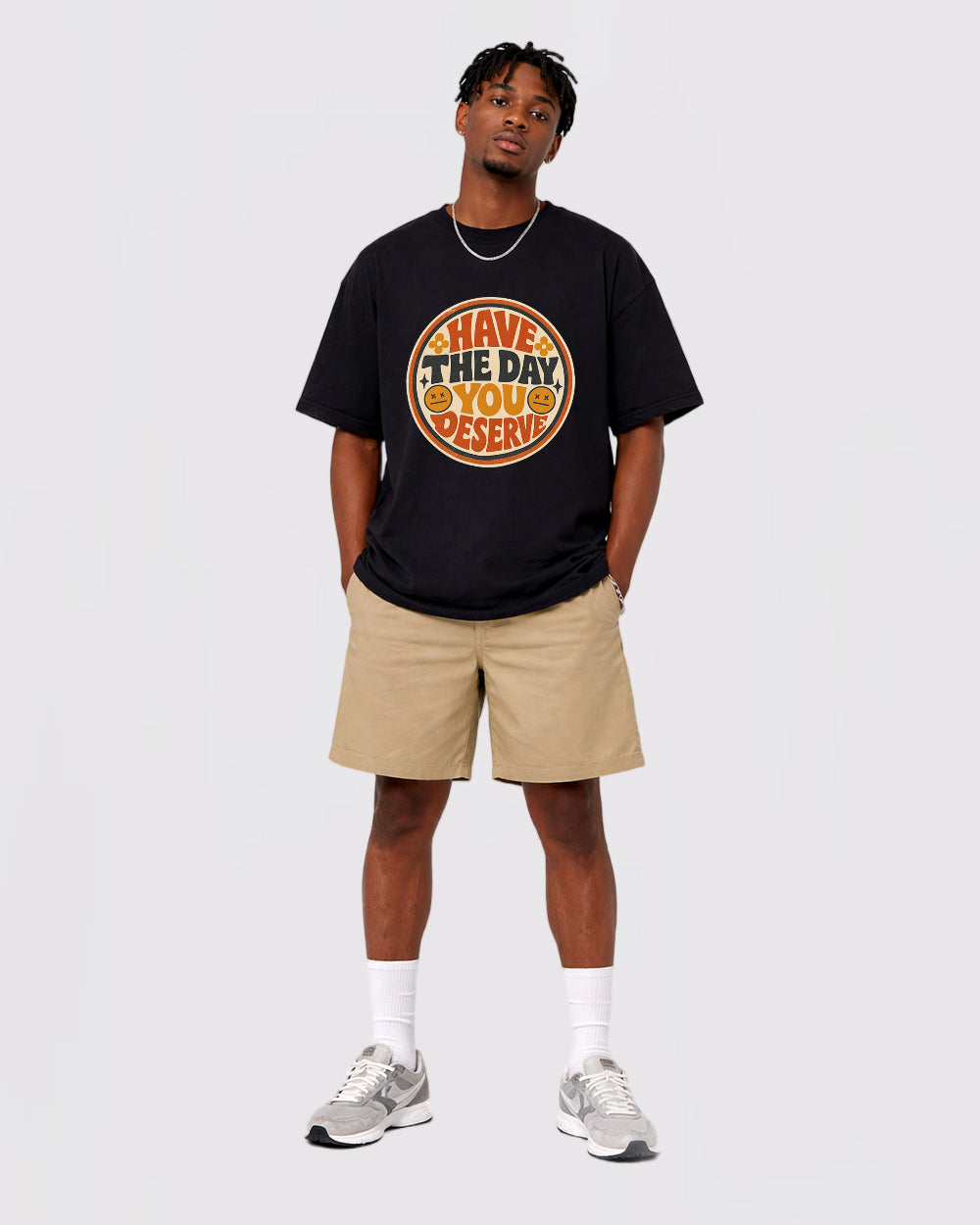 Have The Day You Deserve Pop Culture Graphic T-Shirt, full body fit view, image 2