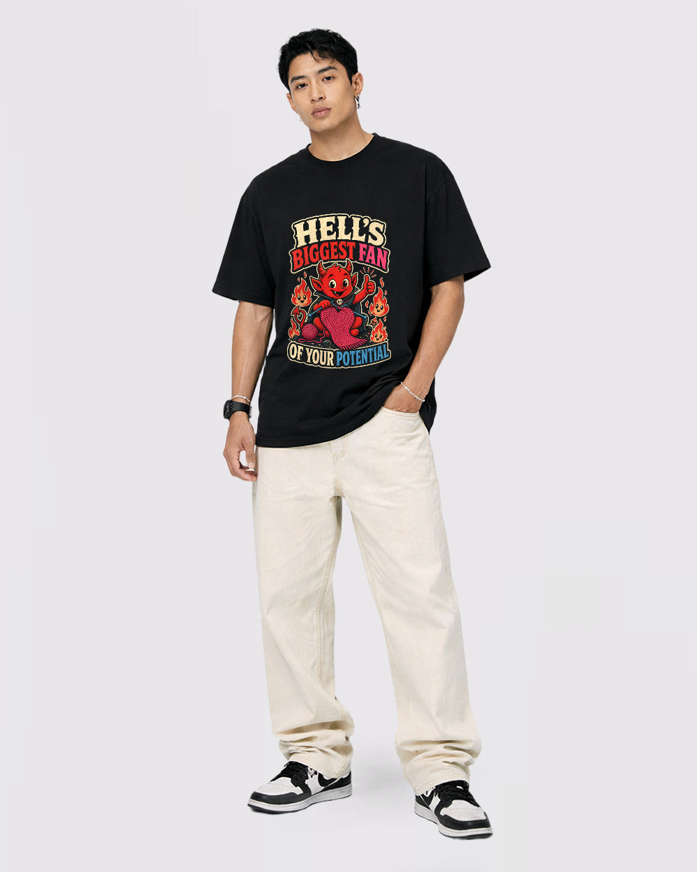 Hell's Biggest Fan Of Your Potential Retro Graphic T-Shirt, full body fit view, image 2
