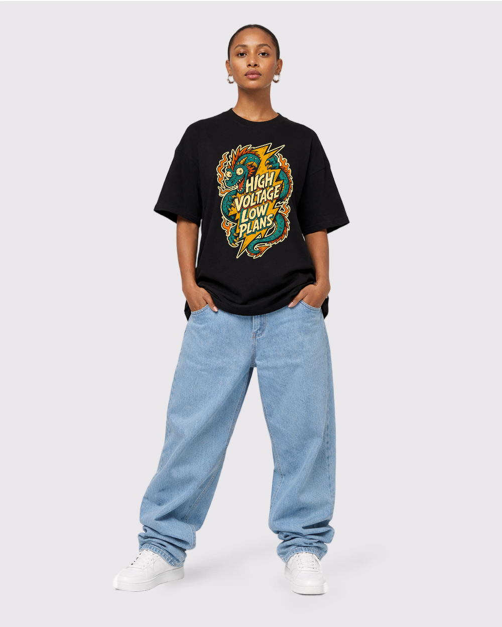 High Voltage, Low Plans Retro Graphic T-Shirt, full body fit view, image 2