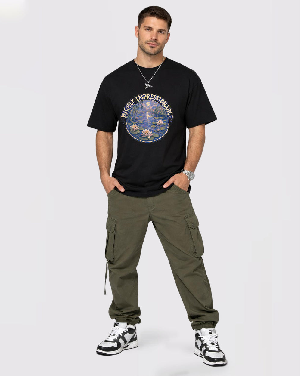 Beige Highly Impressionable Ocean Graphic T-Shirt full body fit view 2 image