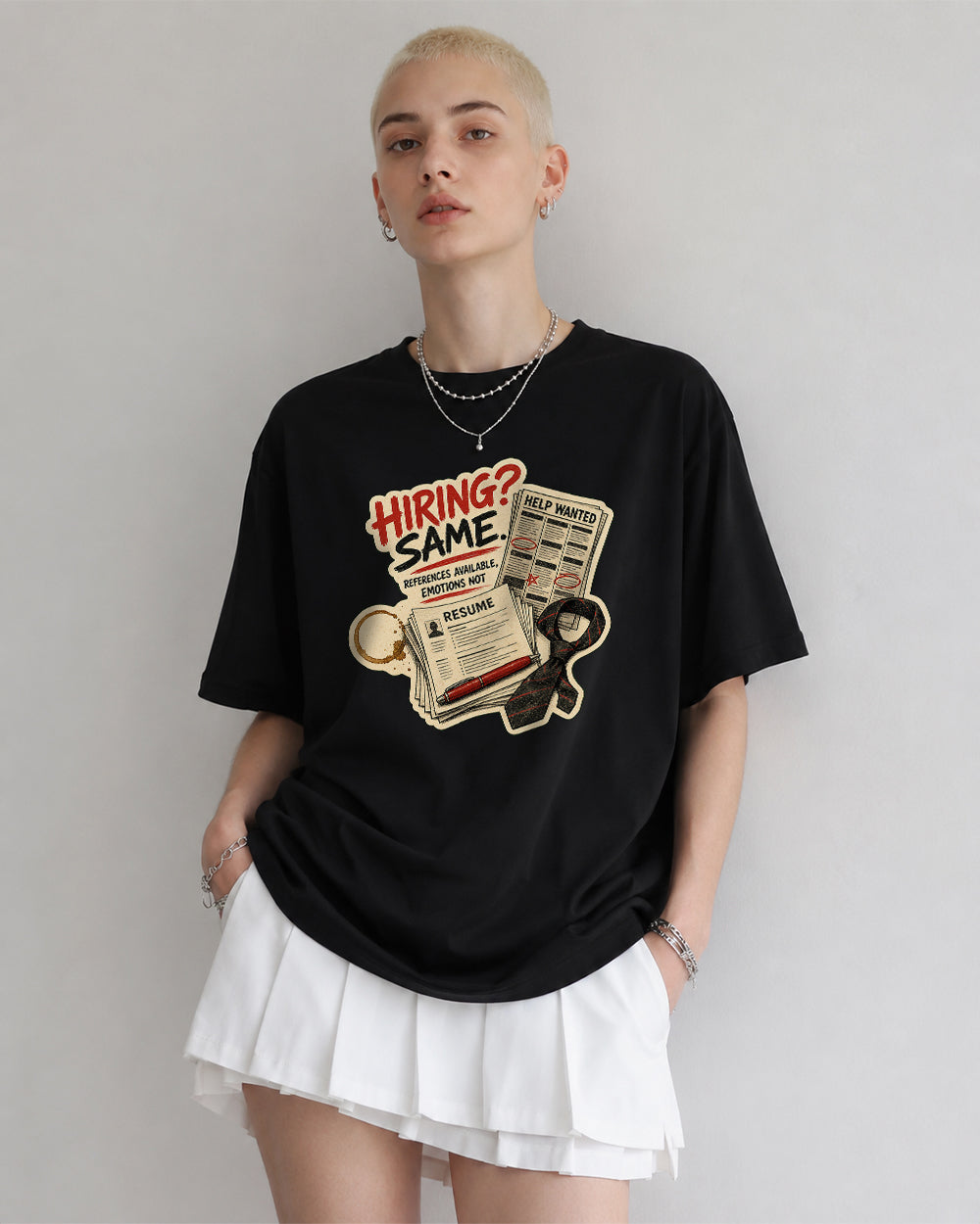 Hiring? Same References Pop Culture Graphic T-Shirt in Black, front model view 1