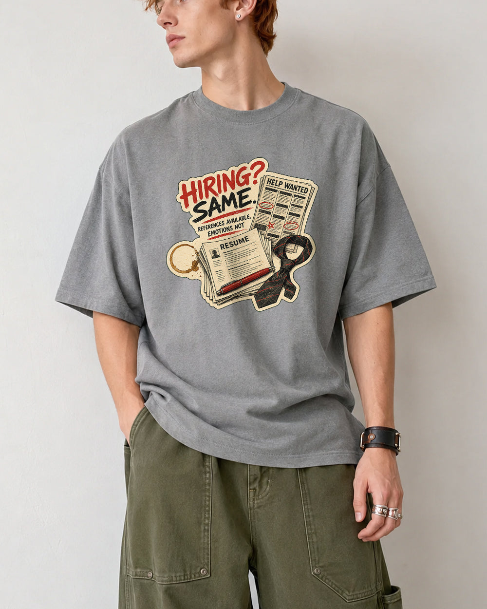 Hiring? Same References Pop Culture Graphic T-Shirt in Gray, front model view 3
