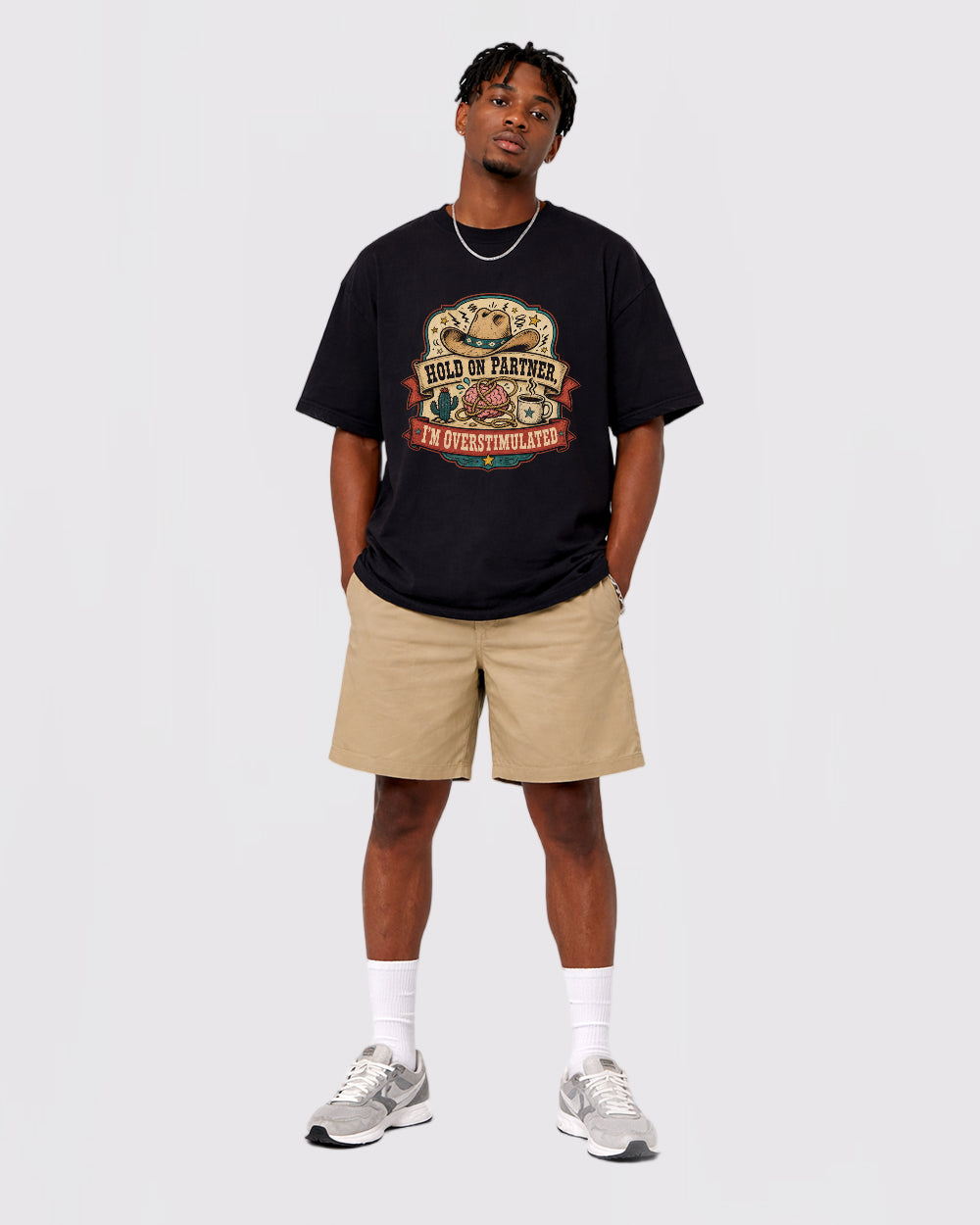 Hold On Partner, I'm Overstimulated Funny Graphic T-Shirt, full body fit view, image 2