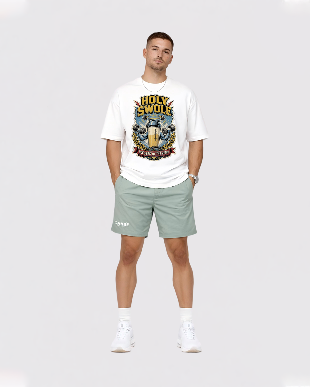 Holy Swole Blessed by the Pump Retro Graphic T-Shirt, full body fit view, image 2