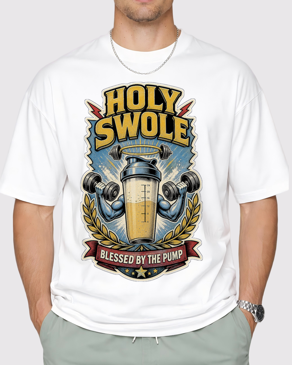Holy Swole Blessed by the Pump Retro Graphic T-Shirt, primary front view, image 1