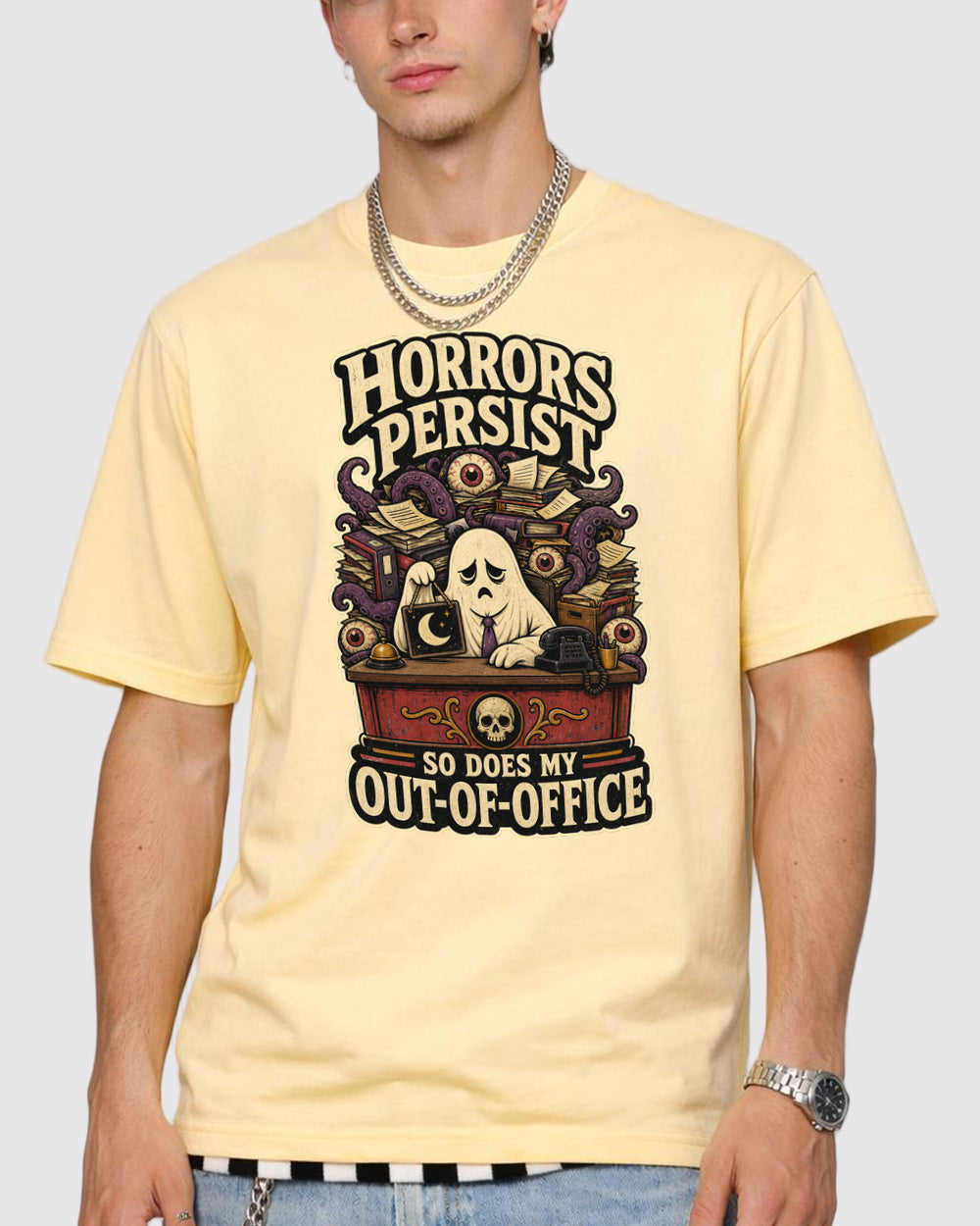 Horrors Persist So Does My Out of Office Dark Graphic T-Shirt, primary front view, image 1