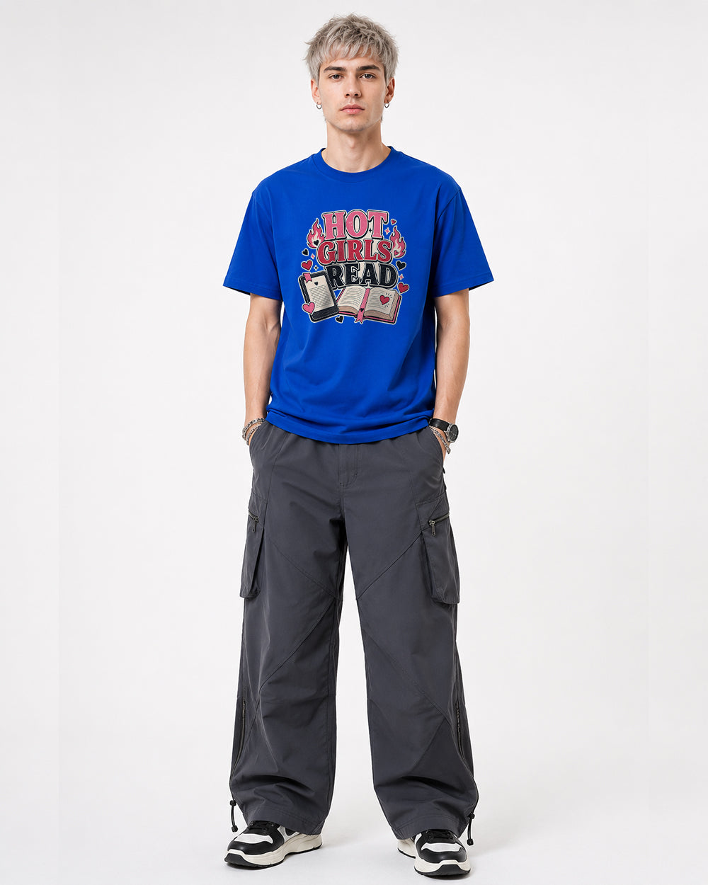 Hot Girls Funny Graphic T-Shirt in Blue, front model view 6