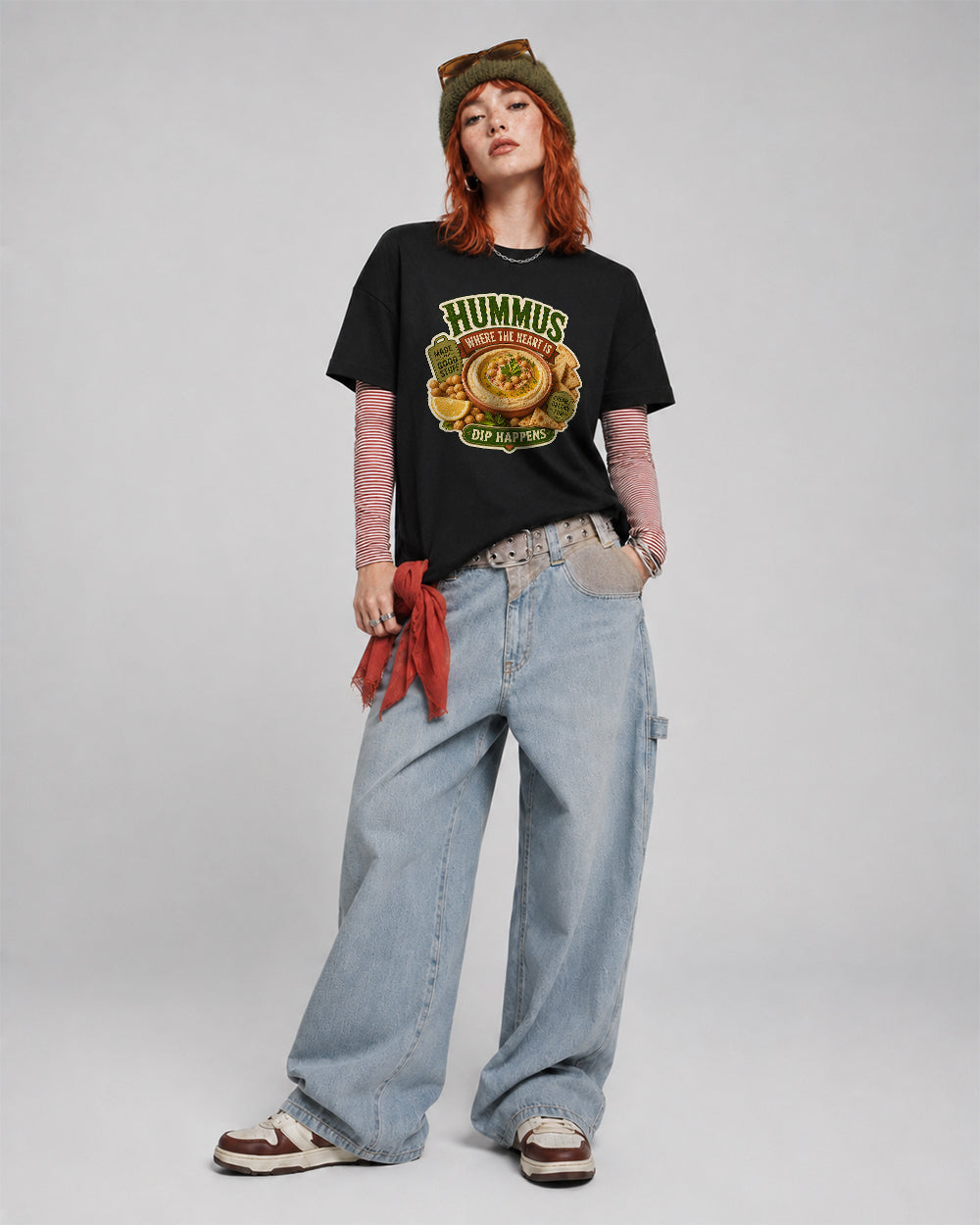 Hummus Made, Dip Happens Food Graphic T-Shirt in Black, front model view 2