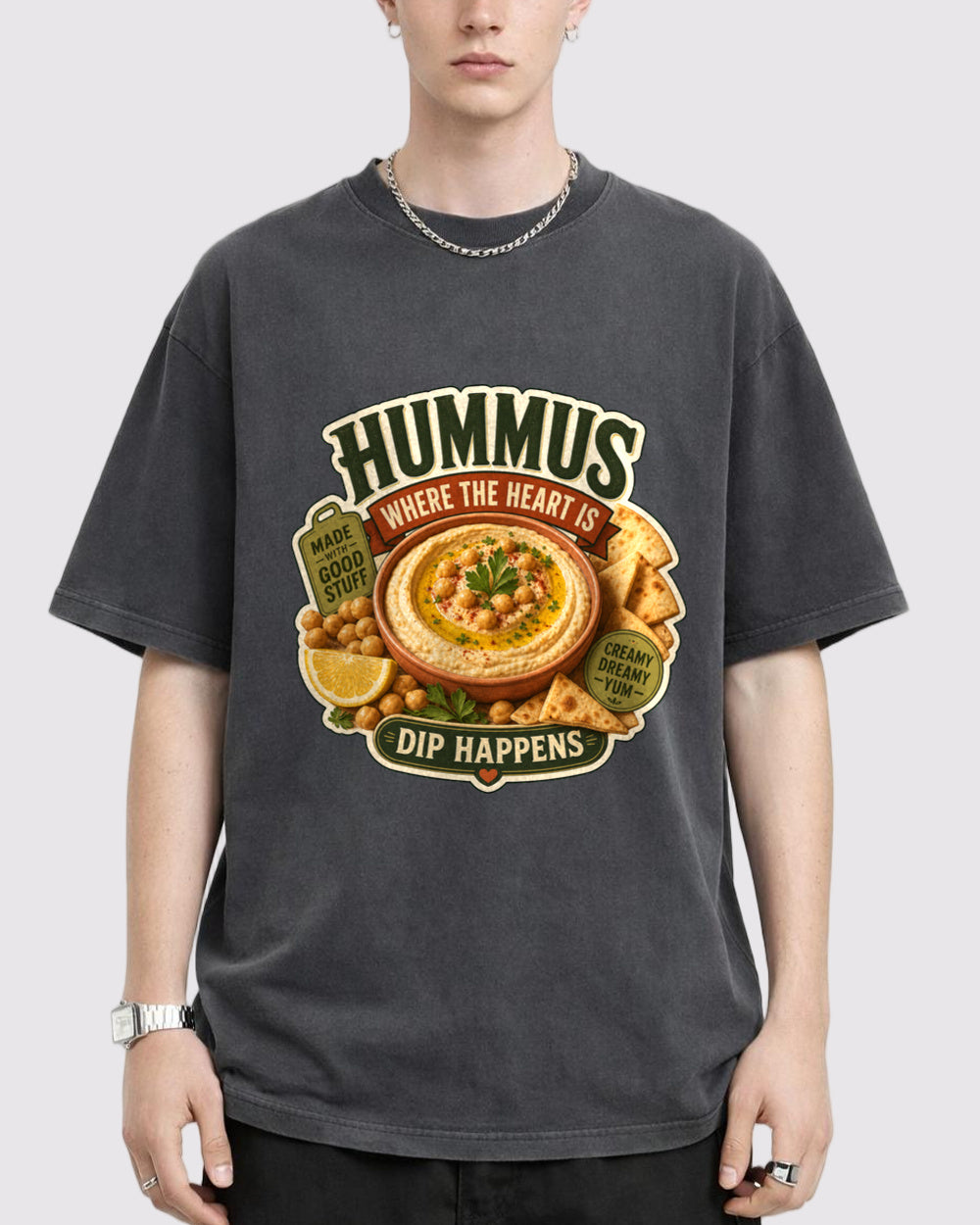 Hummus Made, Dip Happens Food Graphic T-Shirt, primary front view, image 1