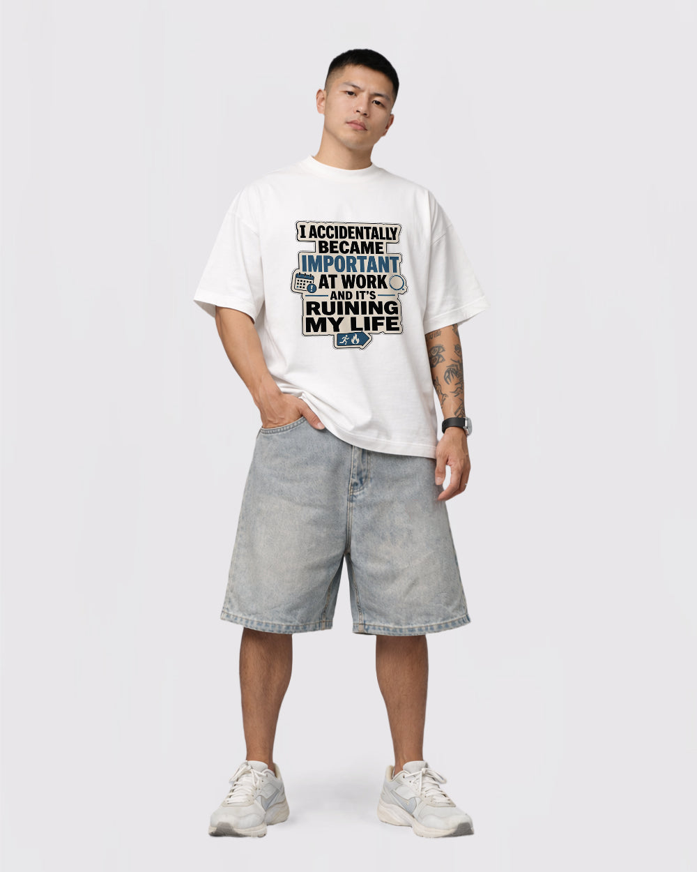 I Accidentally Became Important at Work Pop Culture Graphic T-Shirt, full body fit view, image 2