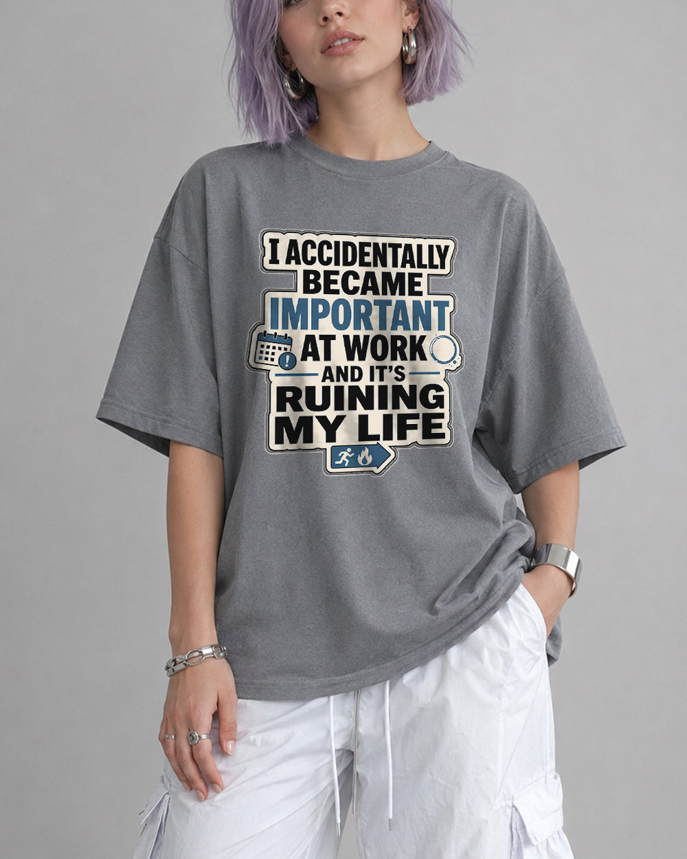 I Accidentally Became Important at Work Pop Culture Graphic T-Shirt in Gray, front model view 3