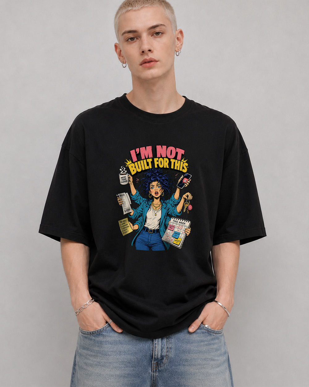 I Am Not Built for This Graphic T-Shirt in Black, front model view 1