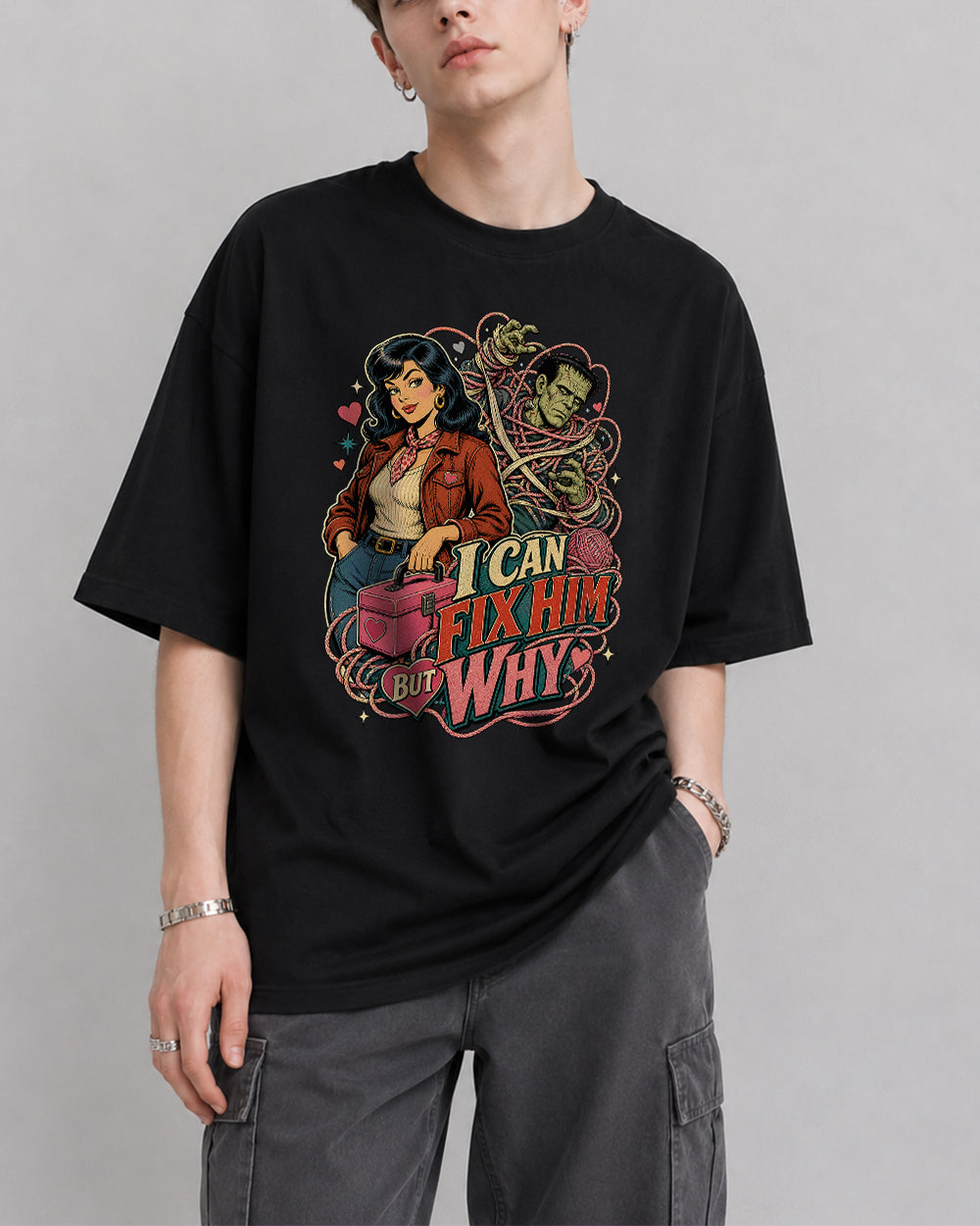 I Can Fix Him, But Why Retro Graphic T-Shirt in Black, front model view 1