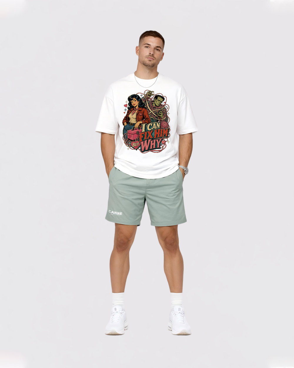 I Can Fix Him, But Why Retro Graphic T-Shirt, full body fit view, image 2