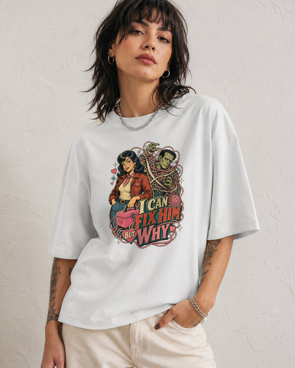 I Can Fix Him, But Why Retro Graphic T-Shirt in White, front model view 7